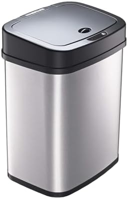 Ninestars 3 Gallon Automatic Trash Can, 12L Touchless Motion Sensor Bathroom or Bedroom Garbage Can with Odor-Sealing Lid, Rectangular Stainless Steel Base, Black Lid