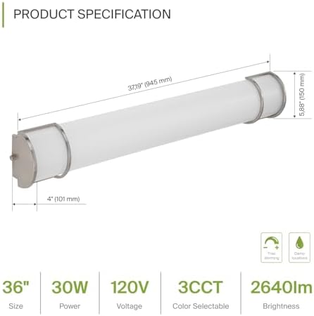 ASD LED 36" Vanity Flush Mount Light Fixture, Linear Bathroom Lighting Bar | 3CCT, Dimmable, Energy Star, ETL Listed | 30W 2650LM 3000-5000K 120V | Long Bath Wall Sconce Over Mirror | Nickel, 4 Pack