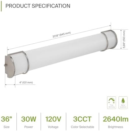 ASD LED 36" Vanity Flush Mount Light Fixture, Linear Bathroom Lighting Bar | 3CCT, Dimmable, Energy Star, ETL Listed | 30W 2650LM 3000-5000K 120V | Long Bath Wall Sconce Over Mirror | Nickel, 4 Pack