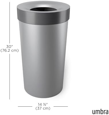 Umbra Vento Kitchen Trash Can, Open Top Bin, 16.5 Gallon, Grey/Nickel