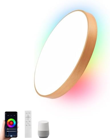 Smart Wood Flush Mount Ceiling Light with Remote 12"