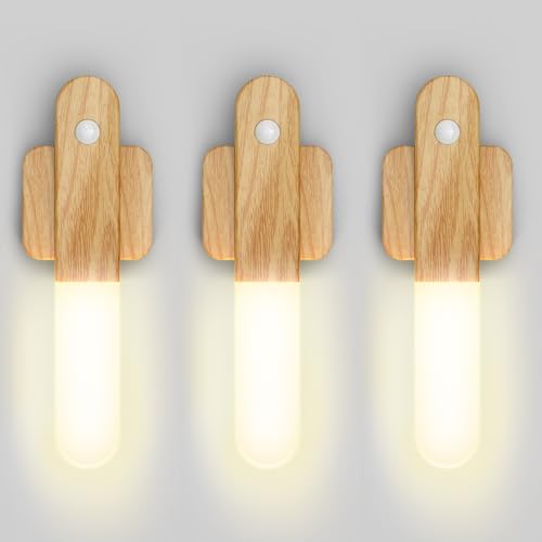 iThird Motion Sensor Light Indoor - Wireless Wall Light, lumi Light, Magnet Rechargeable Wall Sconces, Portable Night Lights, LED Lights for Closet, Bathroom (Beech 3PCS)