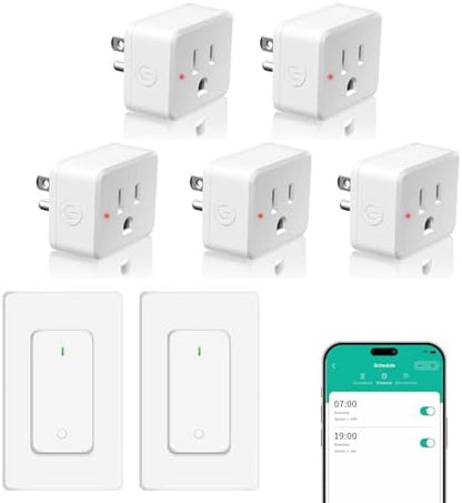 NineLeaf Slim WiFi Smart Plug w Switch, Remote App Control, 15A/1500W, Compatible with Alexa/Google Home via Tuya, Compact Design Control Anywhere,Timer/Schedule, TUV FCC, 2.4G Only(2Remotes 5Outlets)