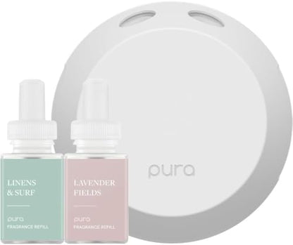 Pura - Smart Home Fragrance Device Starter Set - Pura 4 - Scent Diffuser for Home - Includes Fragrance Aroma Diffuser - Square Box, Linens & Surf and Lavender Fields Scent Refills