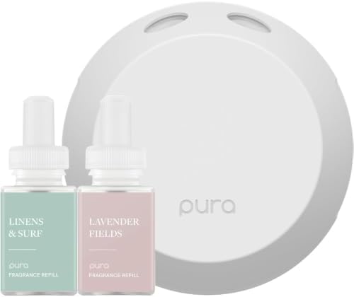 Pura - Smart Home Fragrance Device Starter Set - Pura 4 - Scent Diffuser for Home - Includes Fragrance Aroma Diffuser - Square Box, Linens & Surf and Lavender Fields Scent Refills