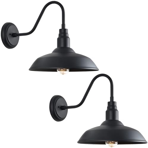 14 Inch Gooseneck Barn Lighting Outdoor Large Exterior Gooseneck Light Fixtures, Matte Black Farmhouse Barn Lights 2 Pack Outside Goose Neck Deck Wall Sconce for House, Garage
