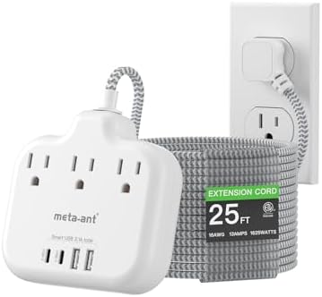 25FT Extension Cord with USB C - White Flat Plug Braided Extension Cord with 3 Outlets & 4 USB Ports (2 USB-C), No Surge Protector for Home, Office, Studio, Behind TV
