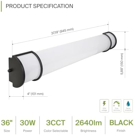ASD LED 36" Vanity Flush Mount Light Fixture, Linear Bathroom Lighting Bar | 3CCT, Dimmable, Energy Star, ETL Listed | 30W 2650LM 3000-5000K 120V | Long Bath Wall Sconce Over Mirror | Black, 2 Pack