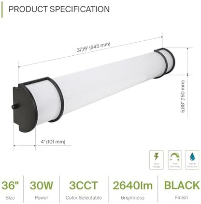 ASD LED 36" Vanity Flush Mount Light Fixture, Linear Bathroom Lighting Bar | 3CCT, Dimmable, Energy Star, ETL Listed | 30W 2650LM 3000-5000K 120V | Long Bath Wall Sconce Over Mirror | Black, 2 Pack