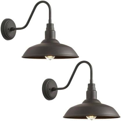 2 Pack Outdoor Barn Farmhouse Light with 14in Dome, Exterior Gooseneck Lights Fixture for House, Dark Bronze Outside Wall Mount for Porch, Patio, Entryways