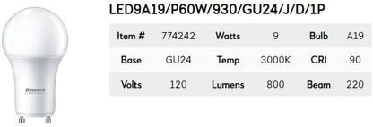 Bulbrie 774242 A-Type Supports Title 24 Part 6 JA8, CCT 3000K, 9 Watts, Bulb Type A19, 120 Volts, 800 Lumens, CRI 90, Soft White Light with A GU24 Base