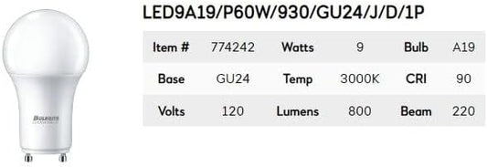 Bulbrie 774242 A-Type Supports Title 24 Part 6 JA8, CCT 3000K, 9 Watts, Bulb Type A19, 120 Volts, 800 Lumens, CRI 90, Soft White Light with A GU24 Base