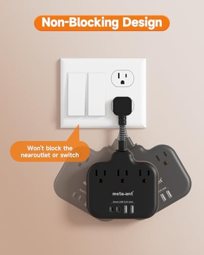 Short Extension Cord 3 Inch, Flat Plug Small Power Strip with 3 AC & 4 USB(1 USB-C), 1875W/15A, Multi Plug Outlet Extender, Non-Surge Protection for Cruise Travel Dorm Kitchen, Black
