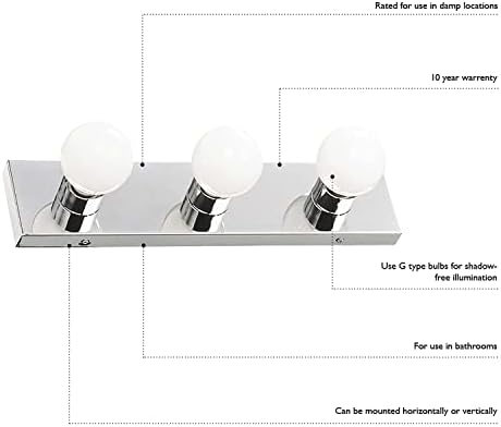 Design House 500850 3-Light Vanity Strip Light Contemporary Dimmable for Bathroom, Bedroom, Makeup Vanity, Polished Chrome
