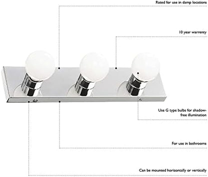 Design House 500850 3-Light Vanity Strip Light Contemporary Dimmable for Bathroom, Bedroom, Makeup Vanity, Polished Chrome