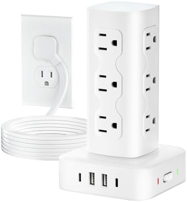 Power Strip Tower Surge Protector(2000J), Flat Plug Charging Station Tower with 12 AC Outlets & 4 USB Ports(2 USB C), 6FT Extension Cord for Home Office Dorm, White