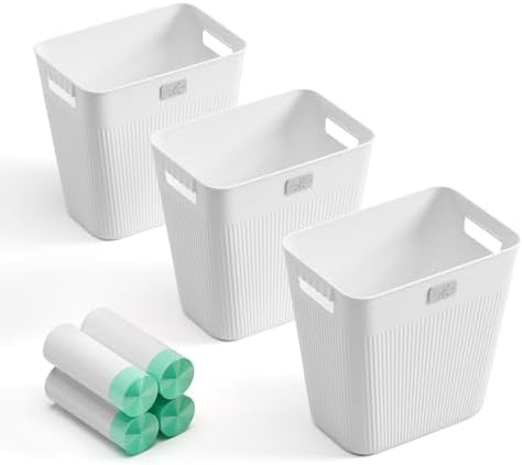 JOYMOOP Slim Trash Can 3-Pack, 2.2 Gallon Plastic Wastebasket for Bathroom, Bedroom, Office, Kitchen with 4 Rolls Bags, White