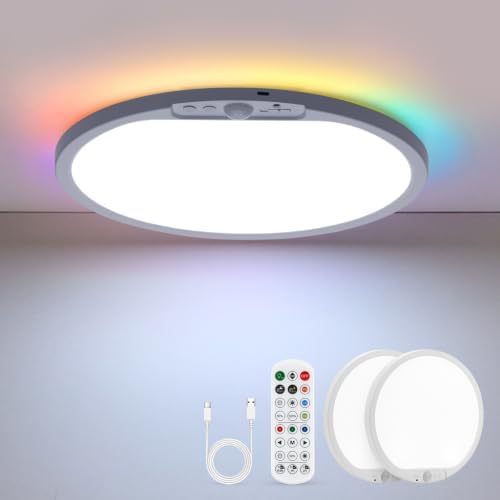Bojim 10000mah Battery Powered Rechargeable Motion Sensor Ceiling Lights with Remote, 12 Inch Wireless Waterproof Shower Magnetic RGB Overhead Lighting with Backlight for Bedroom Bathroom 2pack