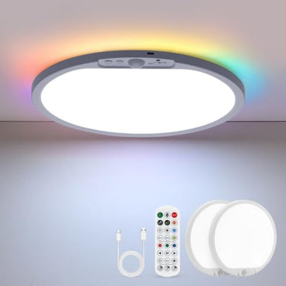 Bojim 10000mah Battery Powered Rechargeable Motion Sensor Ceiling Lights with Remote, 12 Inch Wireless Waterproof Shower Magnetic RGB Overhead Lighting with Backlight for Bedroom Bathroom 2pack