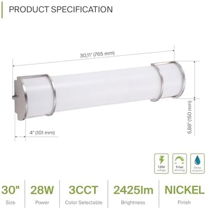 ASD LED 30" Vanity Flush Mount Light Fixture, Linear Bathroom Lighting Bar | 3CCT, Dimmable, Energy Star, ETL Listed | 28W 2425LM 3000-5000K 120V | Long Bath Wall Sconce Over Mirror | Nickel