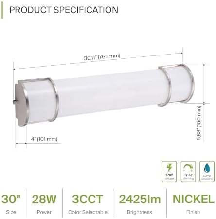 ASD LED 30" Vanity Flush Mount Light Fixture, Linear Bathroom Lighting Bar | 3CCT, Dimmable, Energy Star, ETL Listed | 28W 2425LM 3000-5000K 120V | Long Bath Wall Sconce Over Mirror | Nickel, 4 Pack