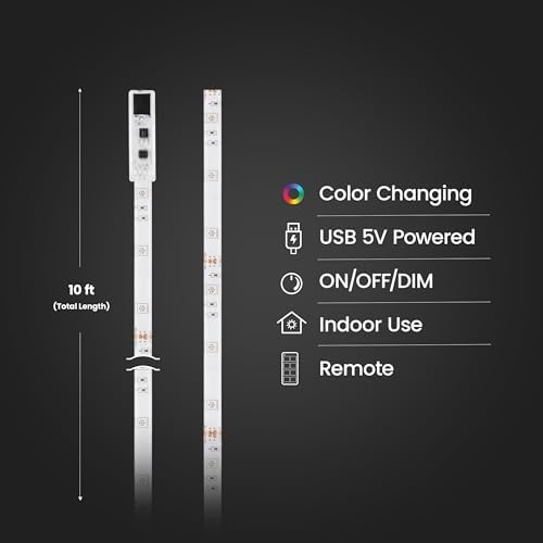 Feit Electric 10ft Color LED Tape Light, Dimmable, RGB Color with Remote Control, Cut-to-Fit Design, 5V USB-Powered Display Lighting, Indoor Use Only, 25,000-Hour Lifetime, TAPE120/RGB/USB