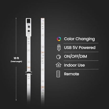 Feit Electric 10ft Color LED Tape Light, Dimmable, RGB Color with Remote Control, Cut-to-Fit Design, 5V USB-Powered Display Lighting, Indoor Use Only, 25,000-Hour Lifetime, TAPE120/RGB/USB
