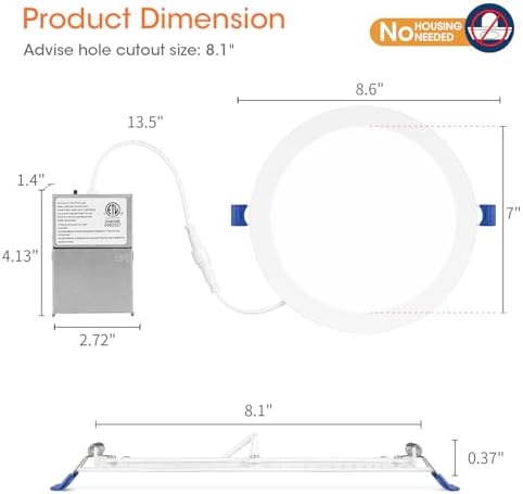 Meconard 6 Pack 8 Inch 5CCT LED Recessed Ceiling Light with Junction Box, 2700K/3000K/3500K/4000K/5000K Selectable Ultra-Thin Lighting, Dimmable 18W=125W, 1500LM, IC Rated Can-Killer Downlights, ETL