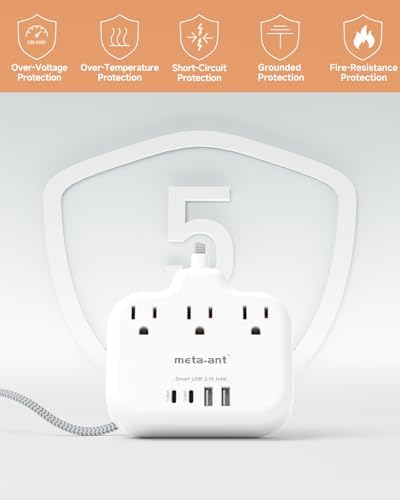 25FT Extension Cord with USB C - White Flat Plug Braided Extension Cord with 3 Outlets & 4 USB Ports (2 USB-C), No Surge Protector for Home, Office, Studio, Behind TV
