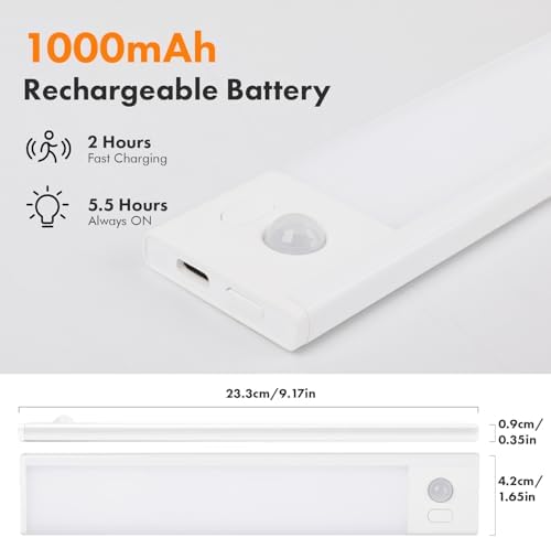 2 Pack Under Cabinet Lighting, 3 Colors & Dimmable Motion Sensor Light Indoor, 900mAh Rechargeable Under Cabinet Lighting Magnetic for Kitchen, Stairs, Closets, White(ABS+PC)