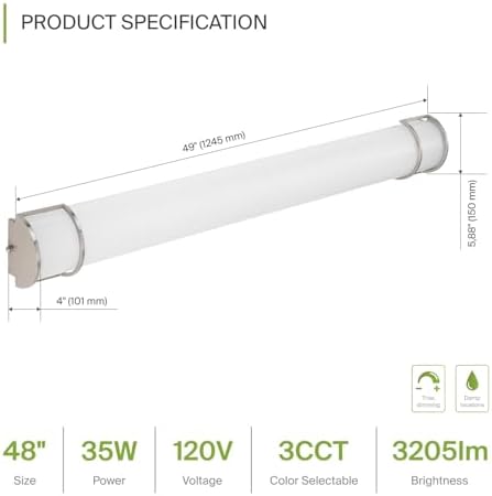 ASD LED 48" Vanity Flush Mount Light Fixture, Linear Bathroom Lighting Bar | 3CCT, Dimmable, Energy Star, ETL Listed | 35W 3200LM 3000-5000K 120V | Long Bath Wall Sconce Over Mirror | Nickel, 2 Pack