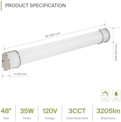 ASD LED 48" Vanity Flush Mount Light Fixture, Linear Bathroom Lighting Bar | 3CCT, Dimmable, Energy Star, ETL Listed | 35W 3200LM 3000-5000K 120V | Long Bath Wall Sconce Over Mirror | Nickel, 2 Pack