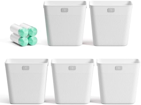 JOYMOOP Slim Trash Can 5-Pack, 2.2 Gallon Plastic Wastebasket for Bathroom, Bedroom, Office, Kitchen with 4 Rolls Bags, White