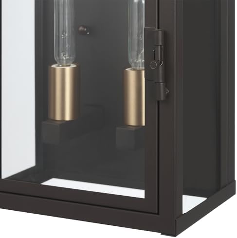 Globe Electric 60000131 2-Light Outdoor Wall Sconce, Dark Bronze, Matte Brass Accents, Weatherproof Glass Door Closure