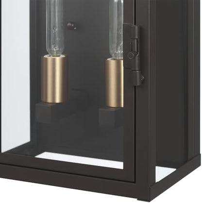 Globe Electric 60000131 2-Light Outdoor Wall Sconce, Dark Bronze, Matte Brass Accents, Weatherproof Glass Door Closure