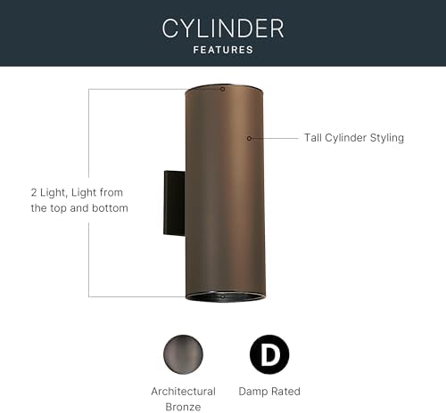 Kichler Cylinders 15" 2-Light Outdoor Cylinder Wall Sconce in Architectural Bronze, (15" H x 5.75 W), 9246AZ