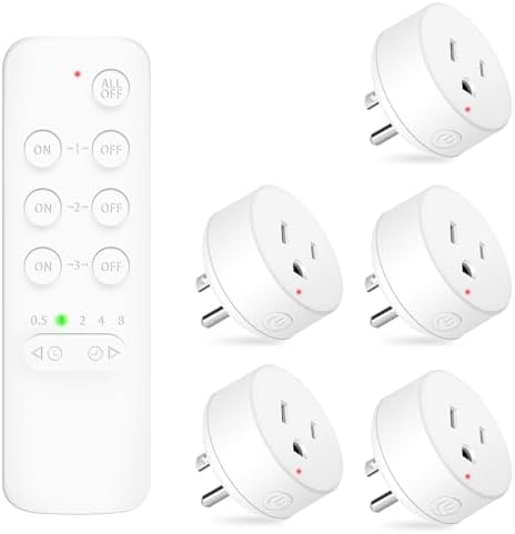 NineLeaf Remote Timer Outlet, Wireless Remote Control Plug Programmable, 500FT Long Range, 15A/1500W Plug in Light Switch, No Wiring Needed for Lamps, Fans, Christmas Lights,1Remote 5Outlets