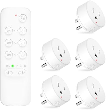 NineLeaf Remote Timer Outlet, Wireless Remote Control Plug Programmable, 500FT Long Range, 15A/1500W Plug in Light Switch, No Wiring Needed for Lamps, Fans, Christmas Lights,1Remote 5Outlets