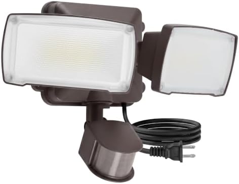 LUTEC 21W Plug in Motion Sensor Light Outdoor, Flood Lights Outdoor Motion Sensor,2500LM, 5000K Daylight,IP65 Waterproof,Adjustable 2 Heads Wall Light for Garage, Porch, Yard - Brown