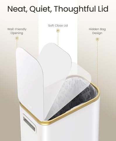 Cesun Small Bathroom Trash Can with Gold Grimmed Lid & Pedal, 1.3Gal, White