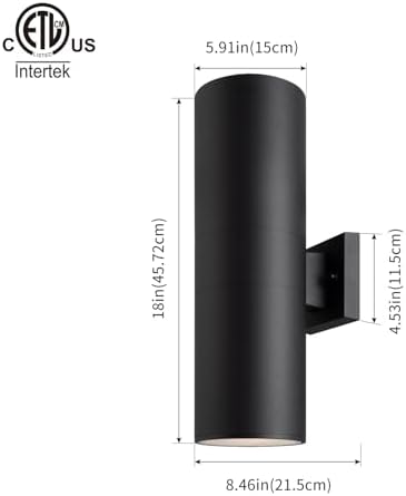 mirrea 18" Modern Outdoor Porch Light in 2 Lights, Matte Black, 2 Pack