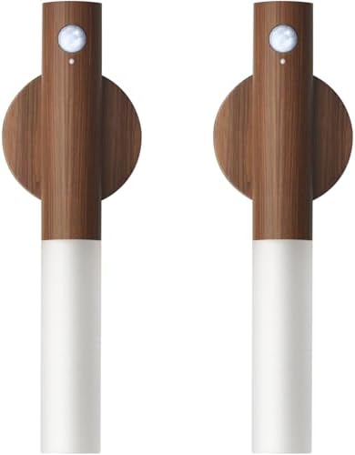 Wooden Motion Sensor Lights Indoor - Magnet Body Hallway Rechargeable LED Wireless Battery Operated Wall Sconce, Portable Decor Torch Night Lighting for Bedroom (Walnut Wood 2PCS)