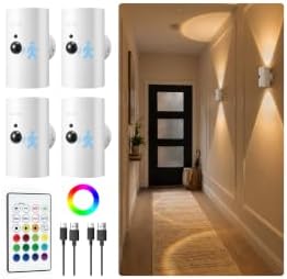 EZVALO Motion Sensor Wall Sconces, Battery Operated Wall Lights with 4000mAh Rechargeable Battery, 3 CCT & 12 RGB Color, Wireless Remote LED Lights for Hallway, Stairway (White, 4 Pack)