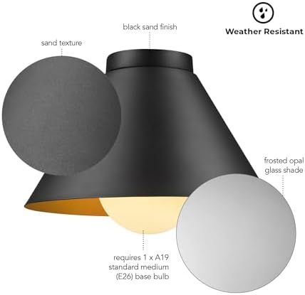 Globe Electric 60000163 1-Light Outdoor Flush Mount, Painted Black Sand Texture, Frosted Opal Glass Inner Shade