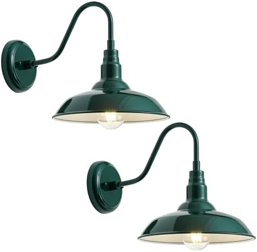 10in Outdoor Gooseneck Barn Light Wall Mount, Green Exterior Farmhouse Porch Lights with White Interior Small Dome Outdoor Patio Gooseneck Wall Sconce Garage Lighting for House, Cabin