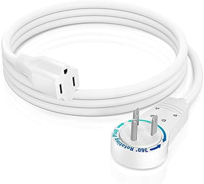 Maximm 3 Ft 360 Rotating Flat Plug Extension Cord, 14 AWG, White, UL