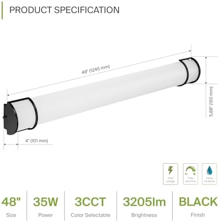 ASD LED 48" Vanity Flush Mount Light Fixture, Linear Bathroom Lighting Bar | 3CCT, Dimmable, Energy Star, ETL Listed | 35W 3200LM 3000-5000K 120V | Long Tube Bath Wall Sconce Over Mirror | Black