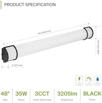 ASD LED 48" Vanity Flush Mount Light Fixture, Linear Bathroom Lighting Bar | 3CCT, Dimmable, Energy Star, ETL Listed | 35W 3200LM 3000-5000K 120V | Long Tube Bath Wall Sconce Over Mirror | Black