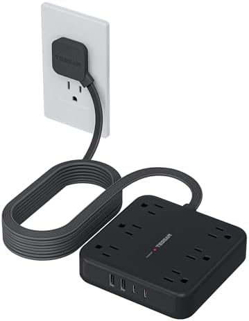 TESSAN Surge Protector Power Strip, 15Ft Flat Plug Extension Cord, Black