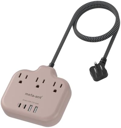 Brown Extension Cord with USB C - 5 FT Flat Braided Extension Cord with 3 Outlets & 4 USB Ports (2 USB-C), 1625W Tan Cord for Brown Tan Wood Walnut Grain Desk Accessories